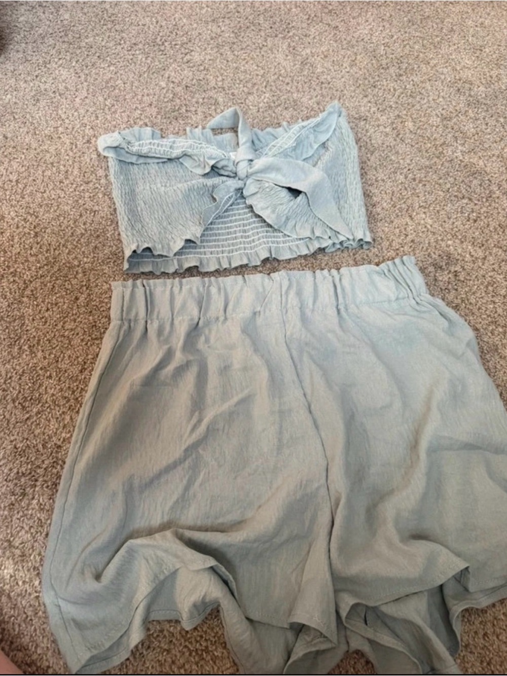 Light Blue Women's Two-Piece Smocked Tie-Front Top and Shorts Set